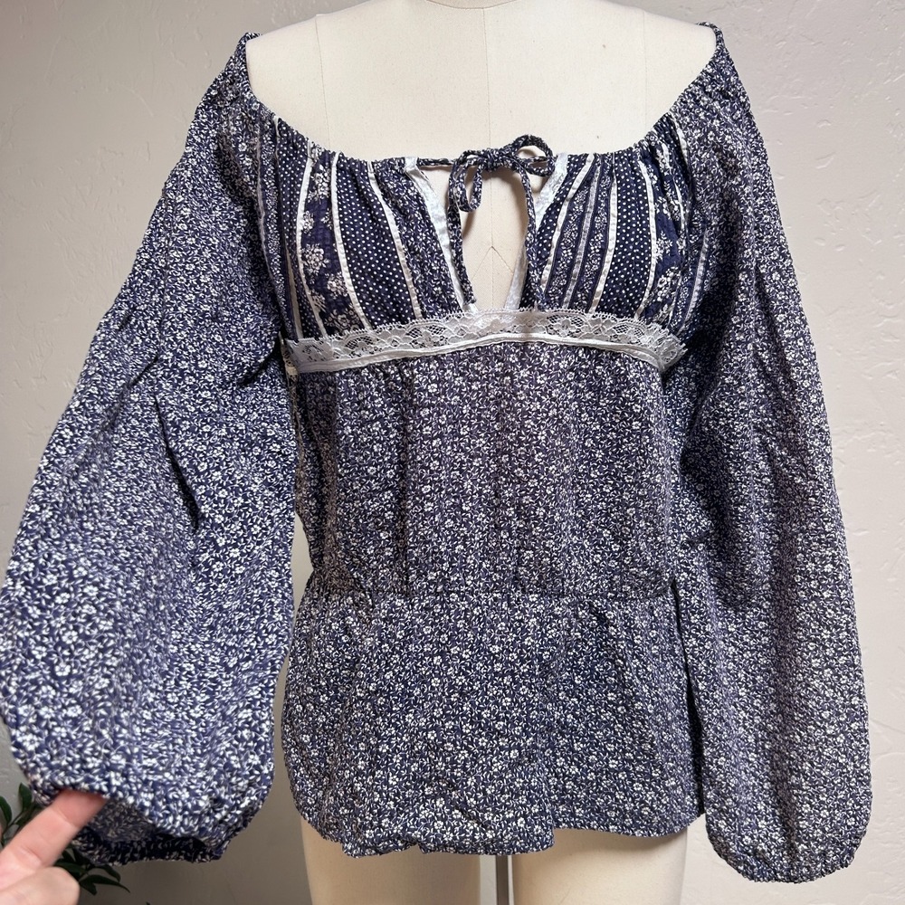 Vintage 70s 80s Prairie Peasant Blouse Romantic Floral Lace Cottagecore Boho S M